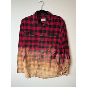 Jachs NY Mens Medium Red Black Buffalo Plaid Bleached Dip Dye Flannel Shirt